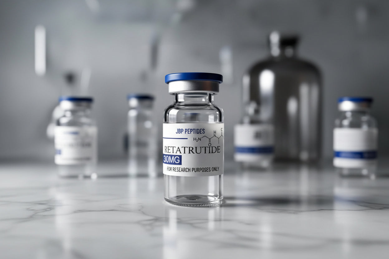 Vial labeled 'Retatrutide' with a blue cap on a marble surface