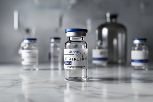 Vial labeled 'Retatrutide' with a blue cap on a marble surface